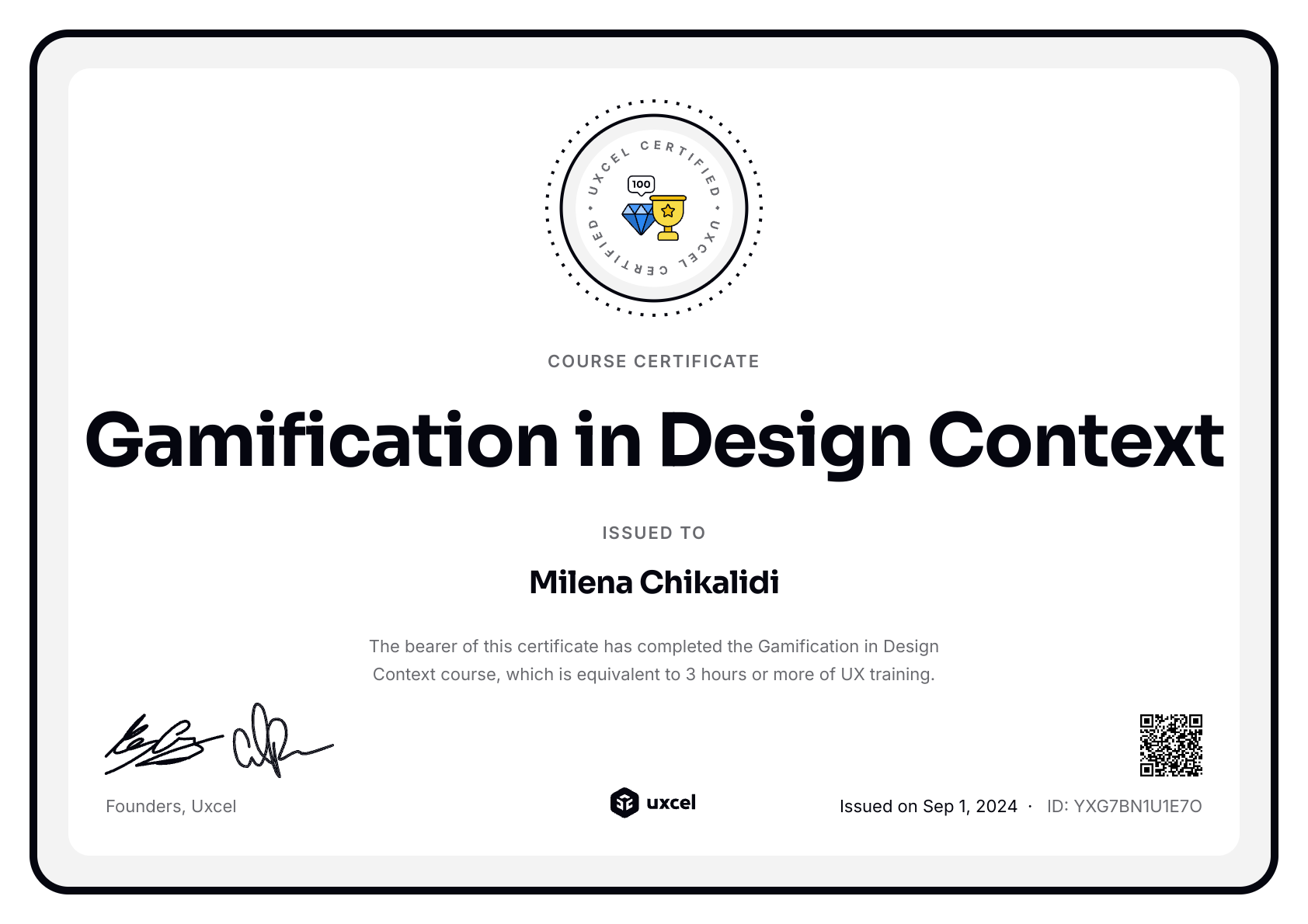 Milena Chikalidi's certificate